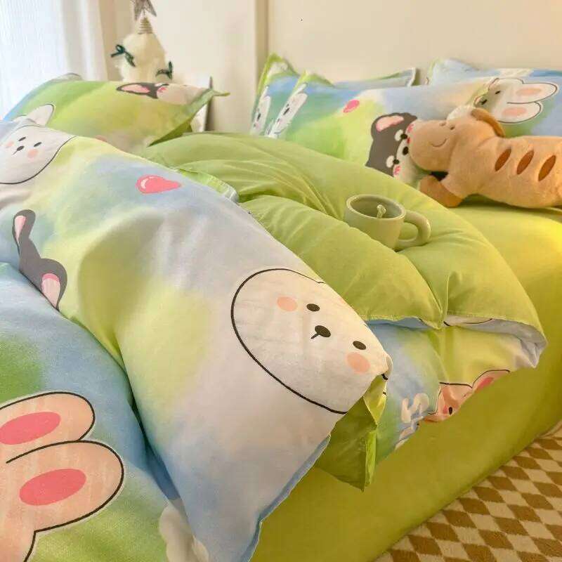 Cute Bear Bedding Set No Filler Full Queen Size Duvet Flat Sheet Pillowcase Kids Adults Fashion Soft Comforter Cover H260311