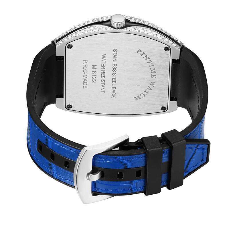 PINTIME Men's Watches Luxury Tonneau Type Metal Shinning CZ Case Rubber Strap Fashion Quartz Wristwatch Male Clock Relogio Gifts