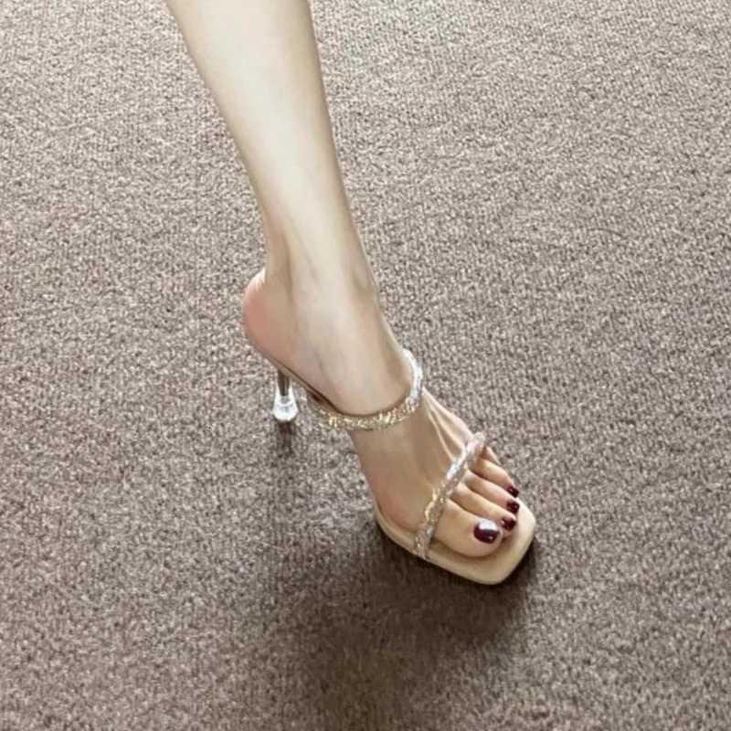 Sandals 2025 New Style Water Diamond High Heels Half Dragged Womens Sandals High Heels Thin Heels Transparent K260311