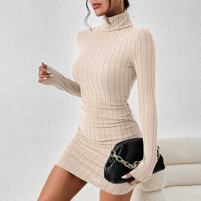 Autumn Winter New Dresses Women Long Sleeves Turtleneck Solid Sexy Bodycon Sheath Mini Dress Club Elegant Party Knitted Dresses M260311