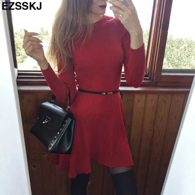 CHIc Autumn Winter blaCK Sweater Dress Women o-neCK Long Sleeve A Line THiCK Knit mini Dress female short bodycon dress M260311