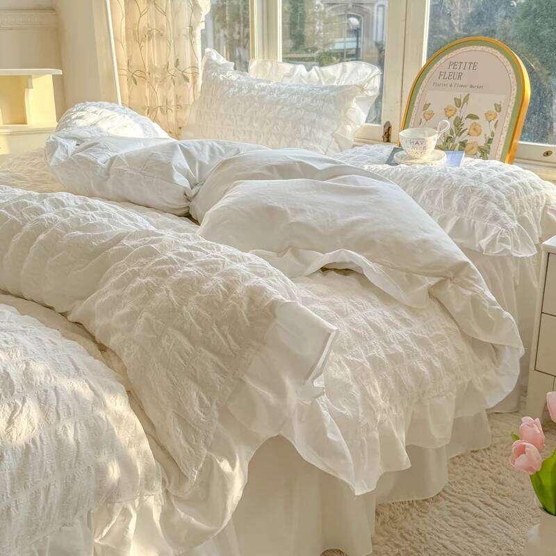 Korean Princess Style Lace Ruffles Bedding Skin-friendly Soft Seersucker Duvet Cover Set Sheet Or Bed Skirt Pillowcases H260311