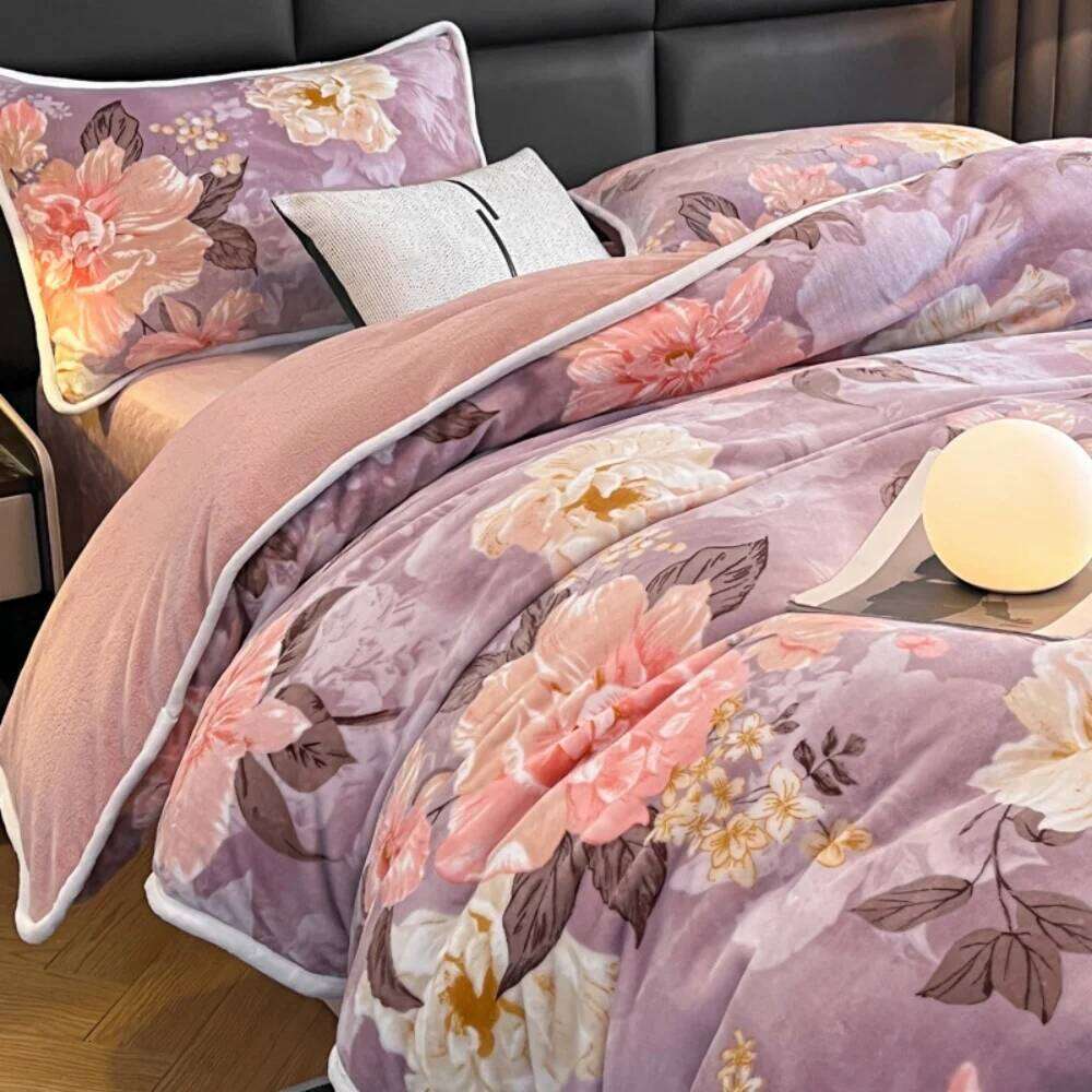 Floral Printed Winter Warm Bedding Milk Velvet Bed Sheet Double Queen Thickened Duvet Cover Pillowcase Four Piece Set H260311