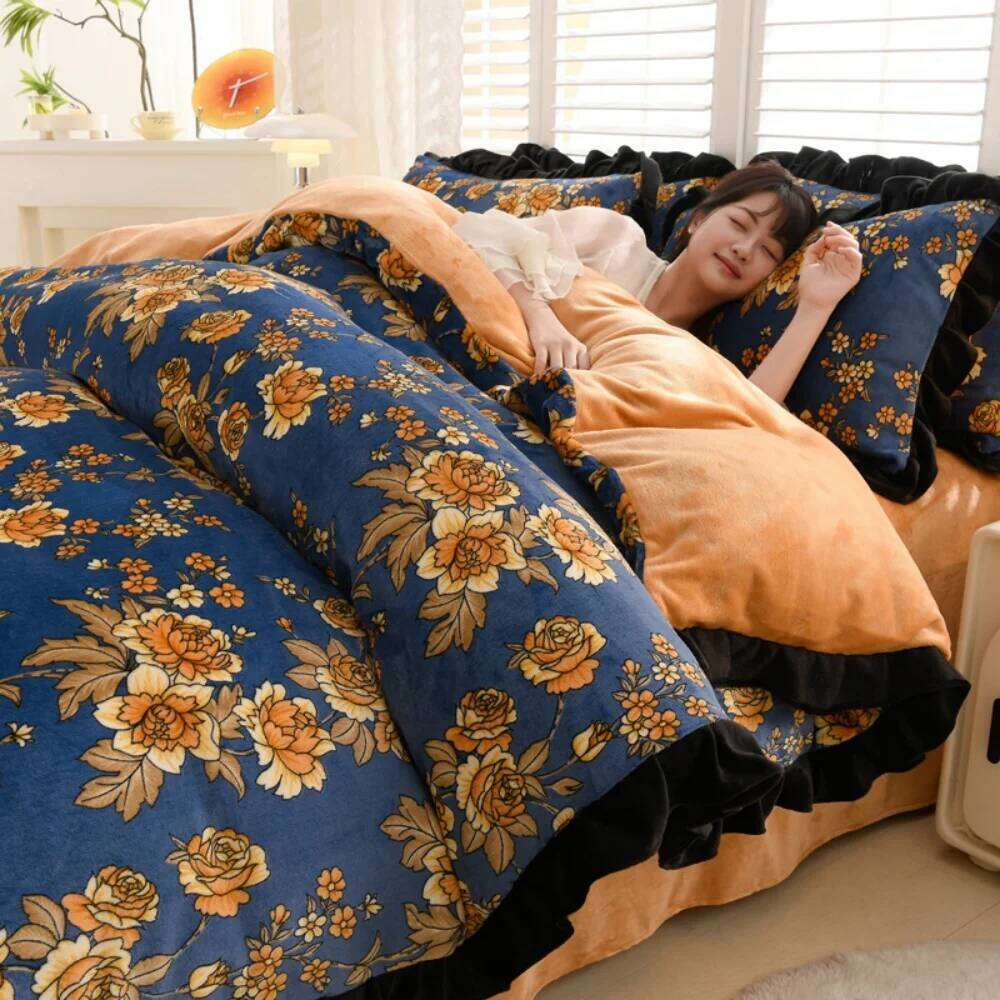 Korean Style Milk Velvet Four-Piece Thickened Winter Warm Soft Duvet Quilt Cover Bed Sheet Pillowcase Bedding Set H260311 - view 4