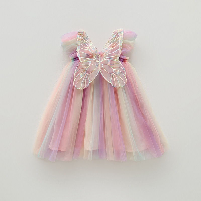 Girl Butterfly Wing Tulle Dress, Toddler Rainbow Princess Tutu for Birthday Party