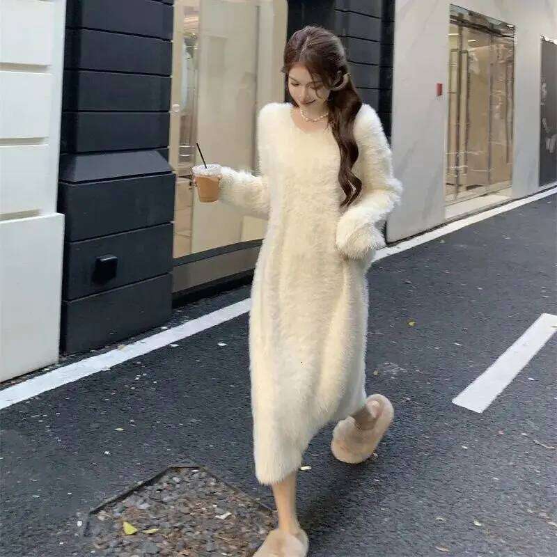 Winter Autumn Women Mink Cashmere Sweater Pullover Knit Angora Dress Long Fluffy Real Soft E1732 Z260311