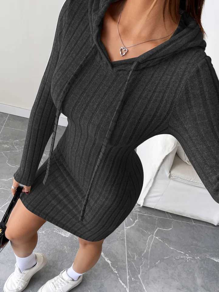 Trendy Ribbed Knitted Hooded Slim Fit Dress with Drawstring - Comfortable Casual Style for Women M260311