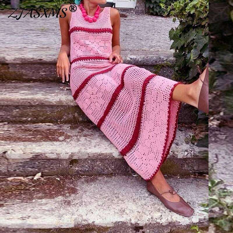 Vestidos Sexy Crochet Hook Knitted Woman O-Neck Striped Print Hollow Long 2025 Summer Sleeveless Holiday Beach Dress Z260311