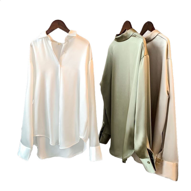 Stylish Elegant Turn Down Collar White Long Sleeve Satin Shirts Fashion Woman Vintage Blouse Office Lady Tops Blusas 16946 240807