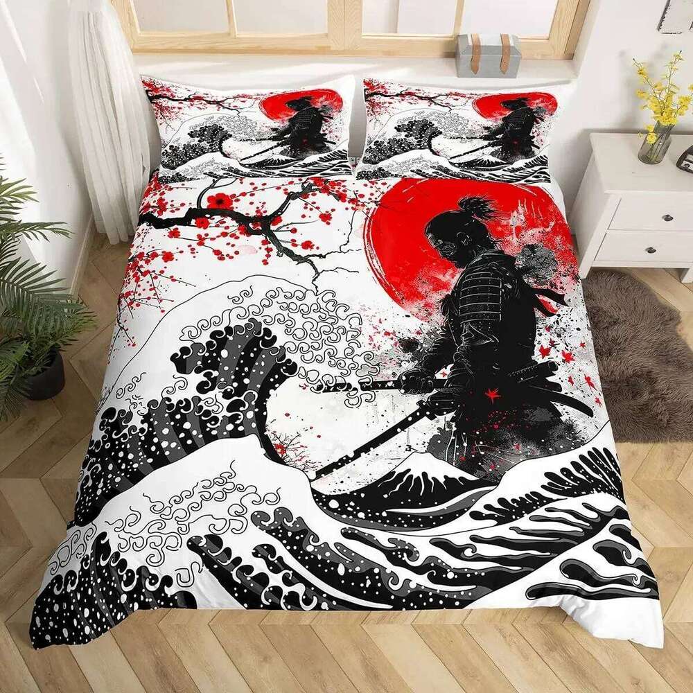 Japanese Samurai Bedding Set Full Size Cherry Blossoms Comforter Red Sun Hokusai Duvet Fuji Mountain Quilt Cover H260311