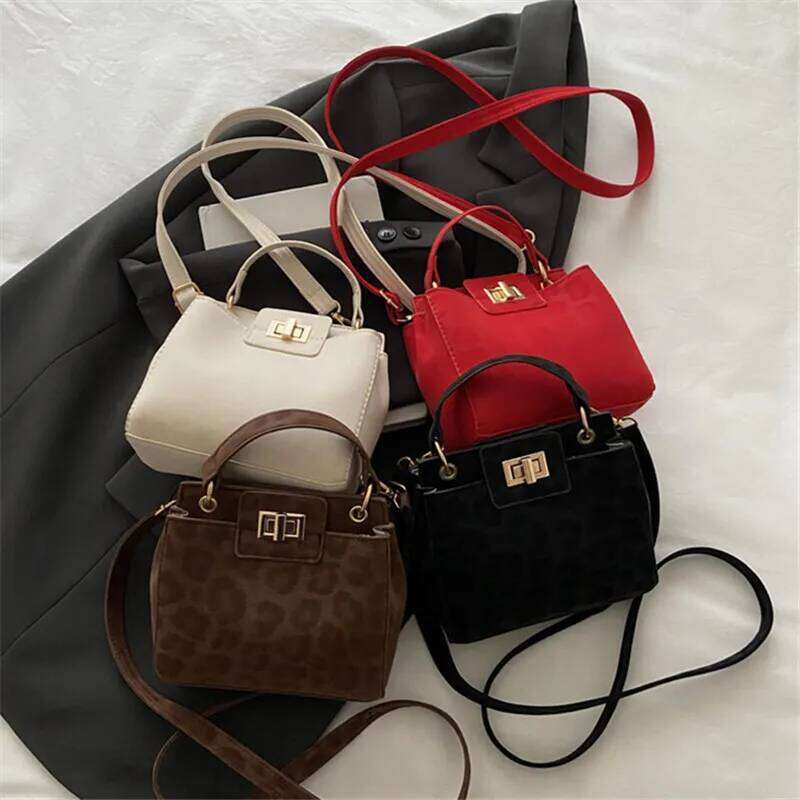 Chic Mini Top Handle Crossbody Bag, Gold Lock Hardware, Versatile Faux Suede & Leather Handbag Shoulder Bags for Women Daily Use XJ260311