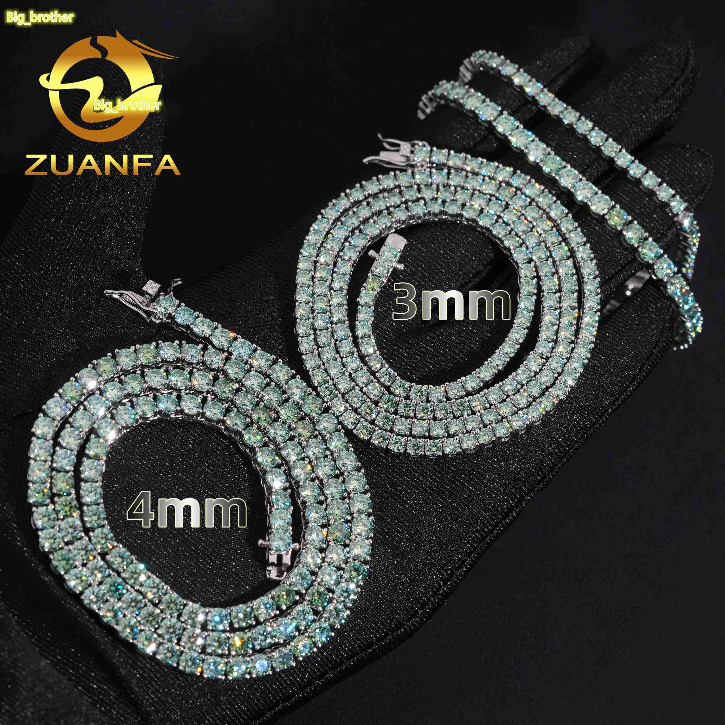 Original Color Not Coated Blue Green Color Moissanite Tennis Chain Necklace 3mm 4mm 925 Sterling Silver Iced Out Hip Hop Jewelry