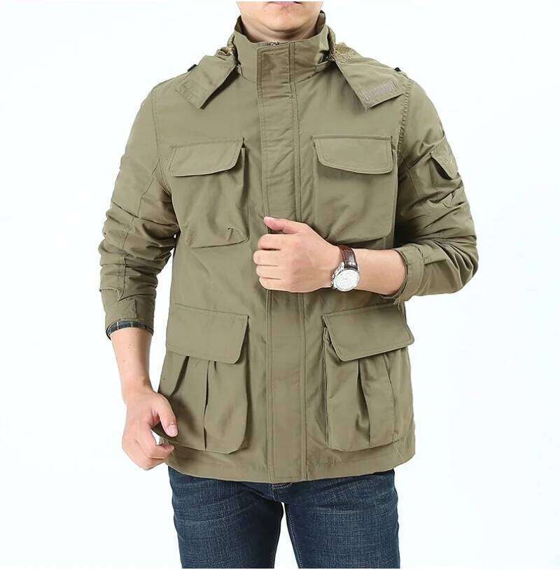 Men's Detachable Hat Windbreaker Jacket Spring Autumn Windproof Waterproof Multi-Pocket Outdoor Fashionable Workwear 26H0311