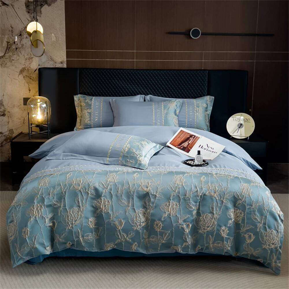 Embroidery Bedding Satin Jacquard Soft Comforter Four Piece Bed Linen Pillowcase Duvet Cover Set Queen King Home Textile H260311