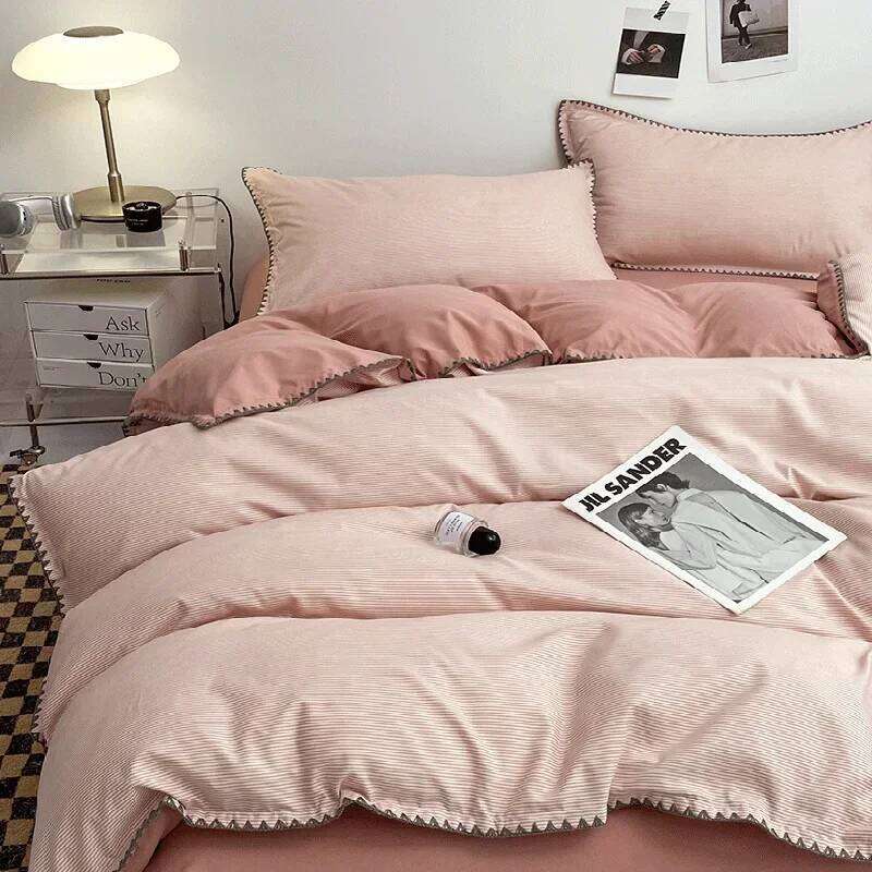 Ins Style Double Striped Bed 3-4 Pces Solid Washed Cotton Bedding with Sheets Pillowcases Skin Friendly Breathable Duvet Cover H260311