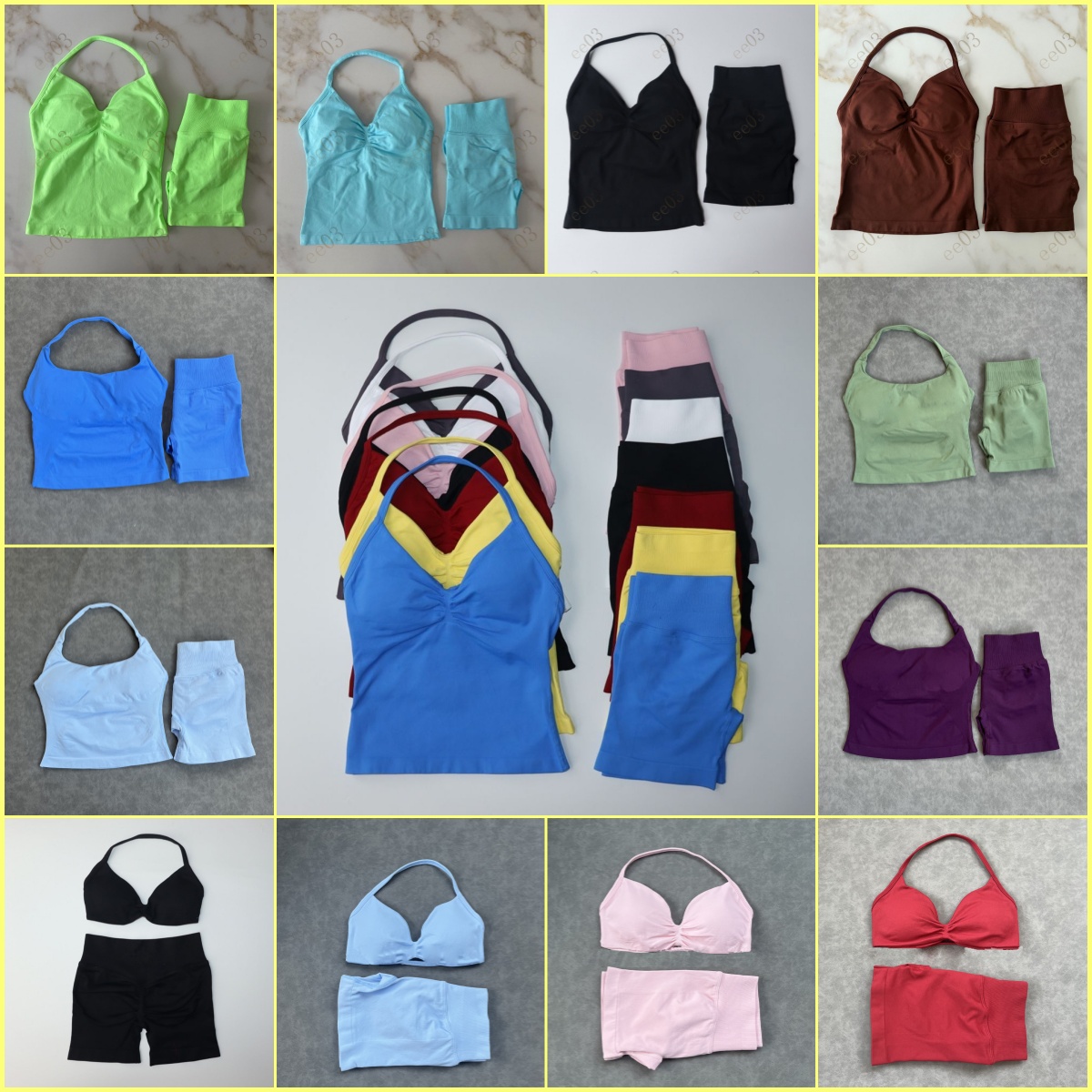 Dyfine Yoga Shorts Set Women Seamless Yoga Set Fitness Clothing Scrunch Bum Gym Shorts Padded Tank Top Workout Vest Longline Outfits Sportswear Tracksuit