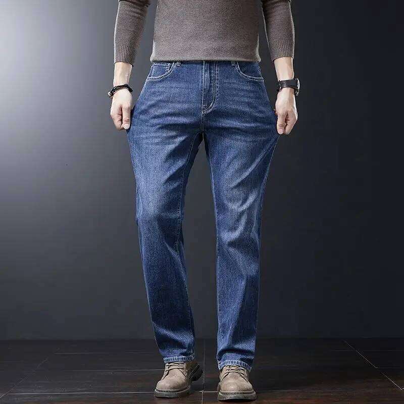 Men's Soft Stretch Straight Jeans Business Casual Slim Fit Wash Denim Pants Korean Fashion Blue Gray Male Brand Trousers Z260225
