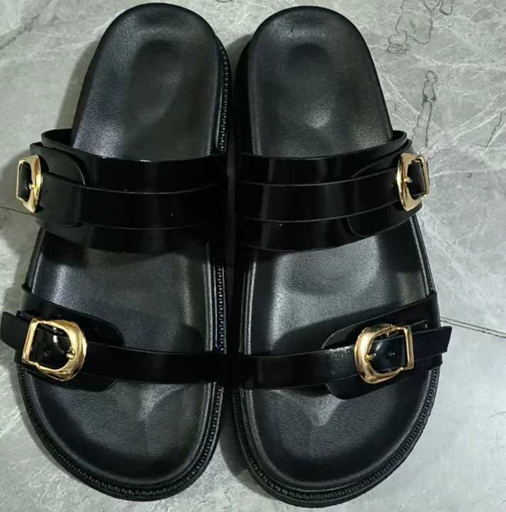 Woman Black Flat Slingback Shoes Female Summer Straps Round Toe Shoes 2025 Womens Sandals Metal Flat Sandals K260311