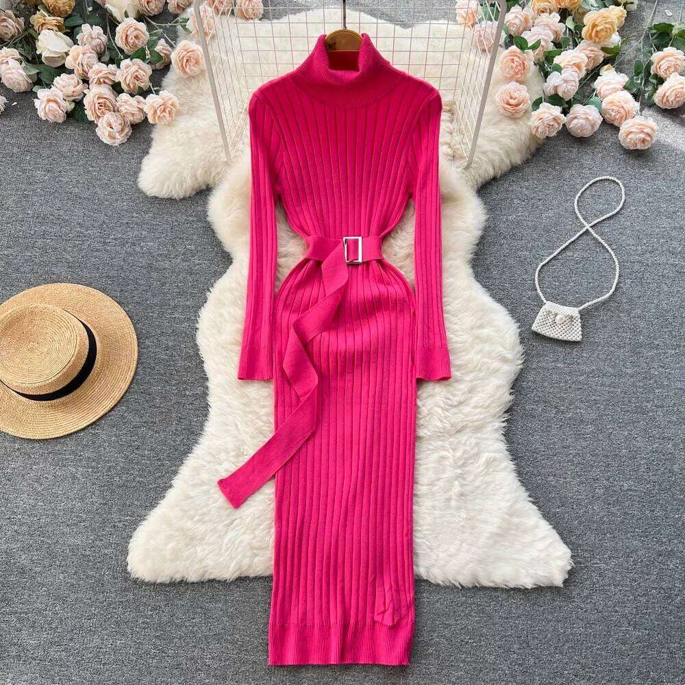 Green Winter Turtleneck Sexy Women Dress Autumn Long Sleeve Skinny Maxi Boydcon Casual knitted Sweater With Belt Party Club Z260311