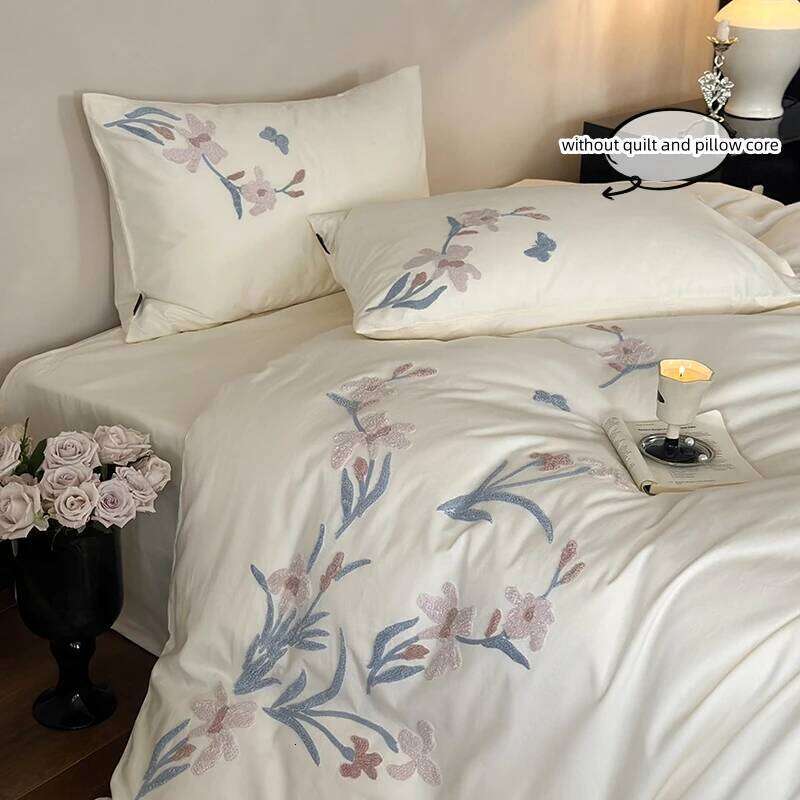 3pcs Elegant Embroidered Orchid Duvet 1*Duvet Cover + 2*Pillowcase, Without Core, Lace embroidery Bedding Set H260311