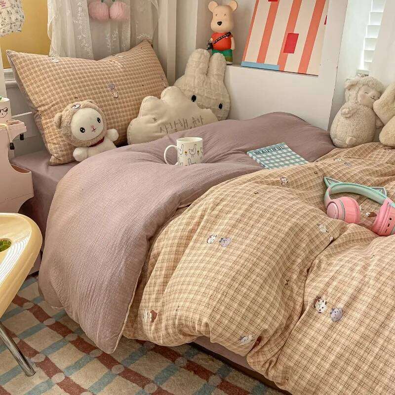 2025 new cartoon color plaid bed sheet four-piece student cute soft quilt cover dormitory three-piece set H260311