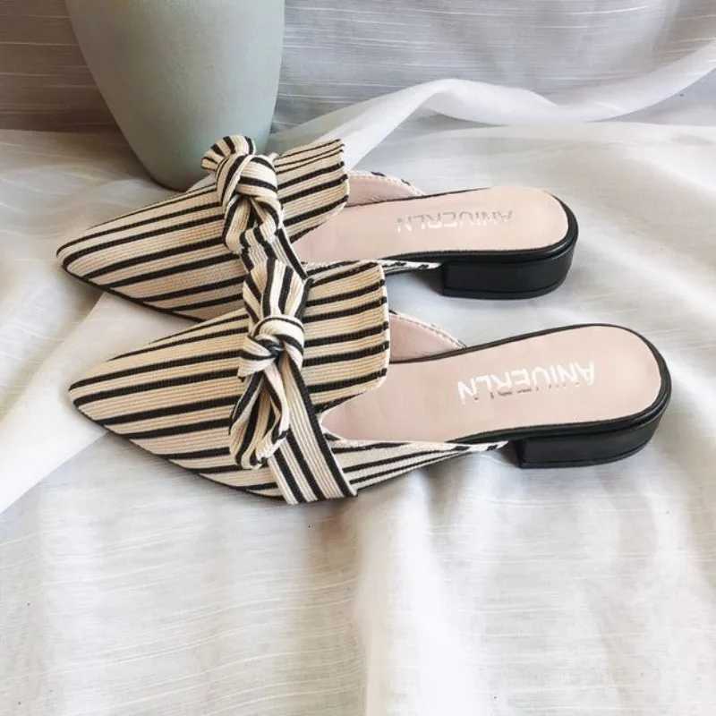 Shoes with Heel Mules Summer 2026Beige Slides Plaid Bow Womens and Ladies Sandals Job Natural Skin I New Fashion K260311
