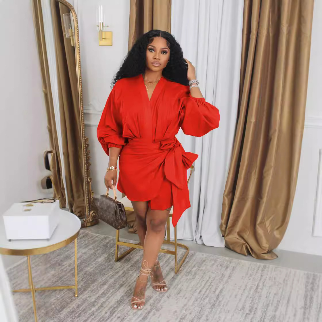 Casual Dresses Women Chic Side Folds Lace-Up Mini Dress Elegant Commute Lapel Dress Fall Fashion Long Sleeve Solid Color V Neck Shirt Dress 230512