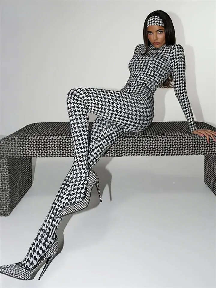 Shestyle Plaid Bodycon Jumpsuits Women With Stocking Sporting Turtleneck Casual Winter Fashion Zipper Fitness Clothing New MAKOUFEI