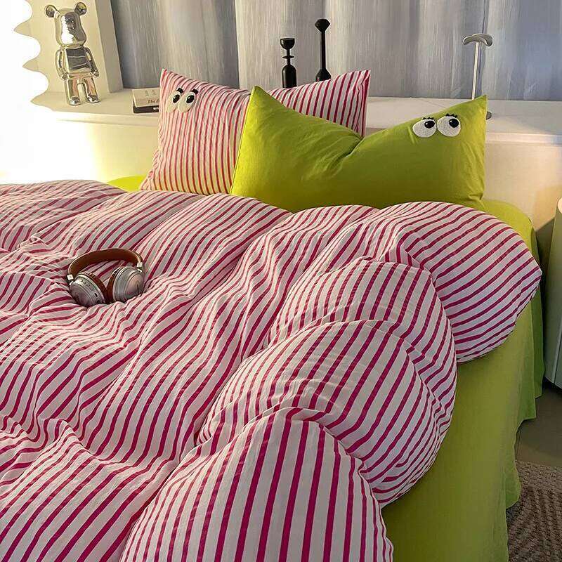 Stripe Washed Cotton Bedding Pillowcase bed sheet Full Size Linen Duvet Cover Set Queen/King Double Single Bed H260311