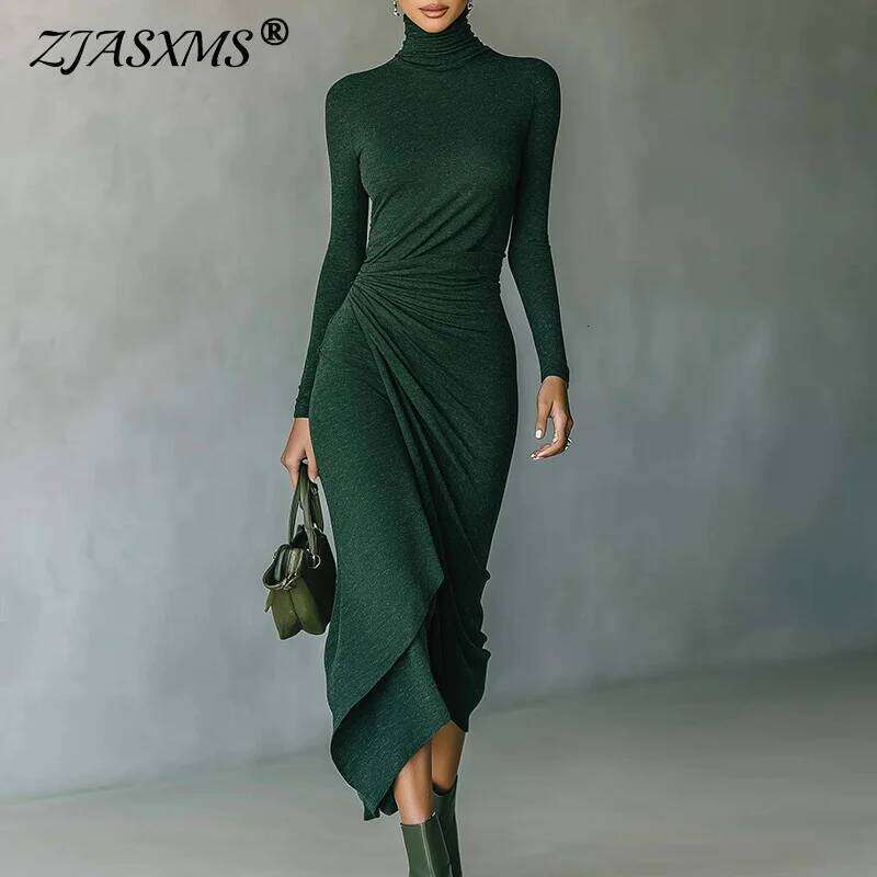 2026 Spring Casual Turtleneck Slim Irregular Woman Elegant Solid Draped New Autumn Long Sleeve Femme Boho Dress Z260311