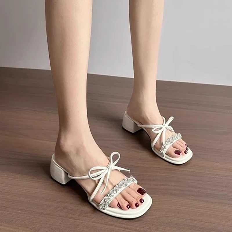 Crystal Square Toe Slippers High Heels Shoes Bow Women Sandals 2025 New Summer Party Pumps Shallow Dress K260311