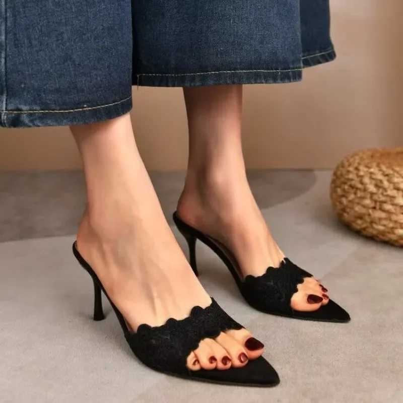 French champagne lace embroidered pointed high-heeled womens versatile sexy celebrity fish mouth stiletto sandals K260311