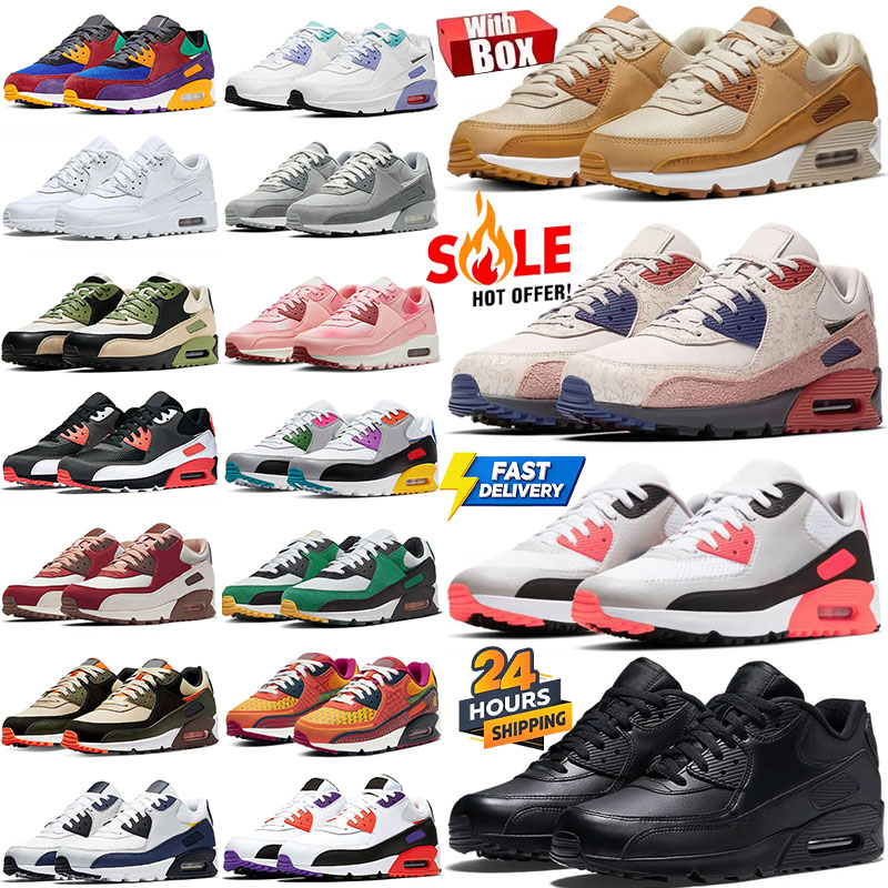 With Box Classic 90 Mens Running Shoes Triple White Black UNC Wolf Grey Polka Dot Infrared Supernova Total Orange Lahar Escape Hyper Grape Royal 90s Women Sneakers