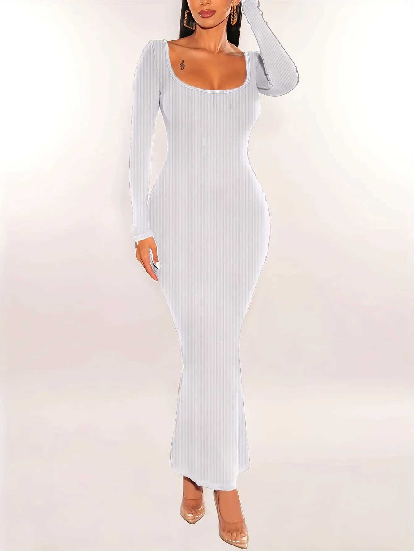 Women Ribbed Knit Long Sleeve Maxi Dress Slim Fit Solid Color Bodycon Pencil Long Dress Casual Fall Spring Clothes M260311