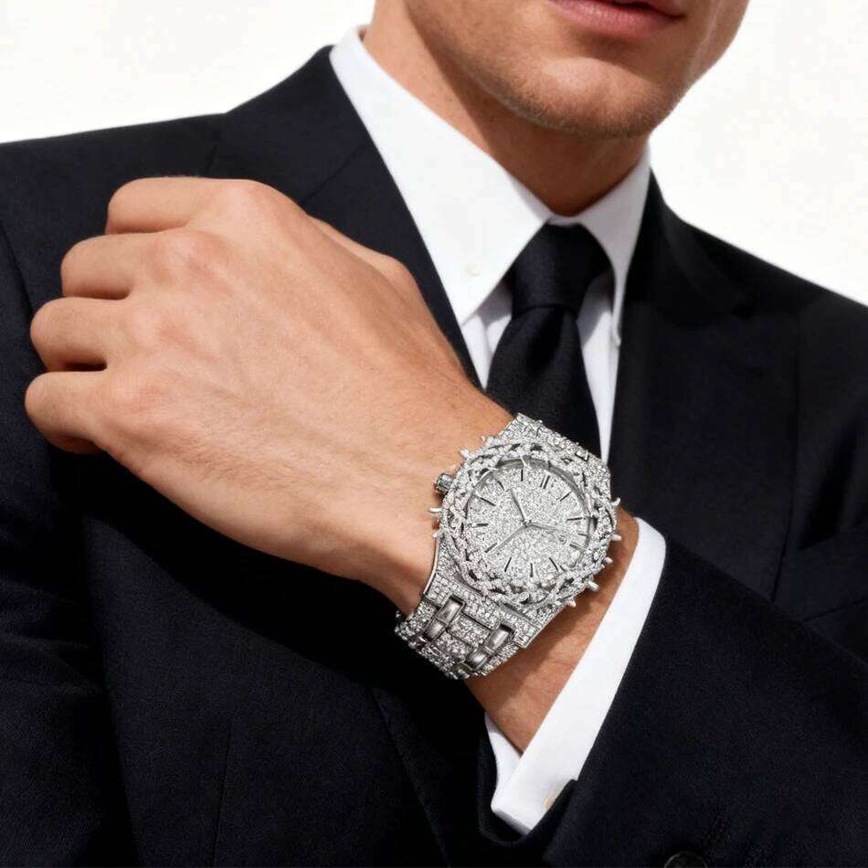 PINTIME Hot Fashion Full Diamond Watches Men Brand Hip Hop lced Qut Bling Jewelry Flower Quartz Wristwatch For Man Dropshipping