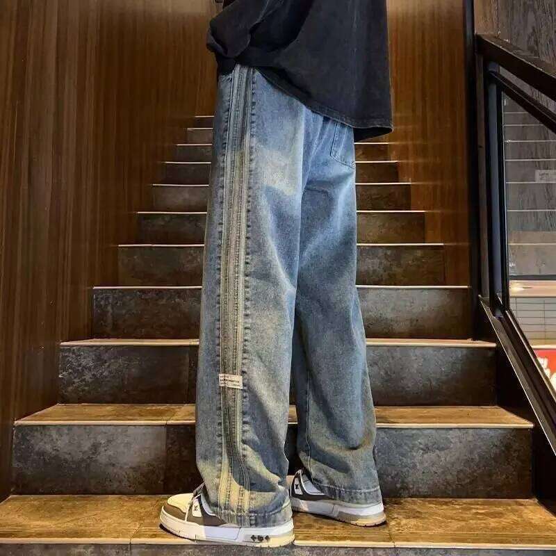 Men's Trendy American Vintage Denim Pants, Spring/Autumn New Arrival, Loose-Fit Straight Leg Flared Jeans Z260225