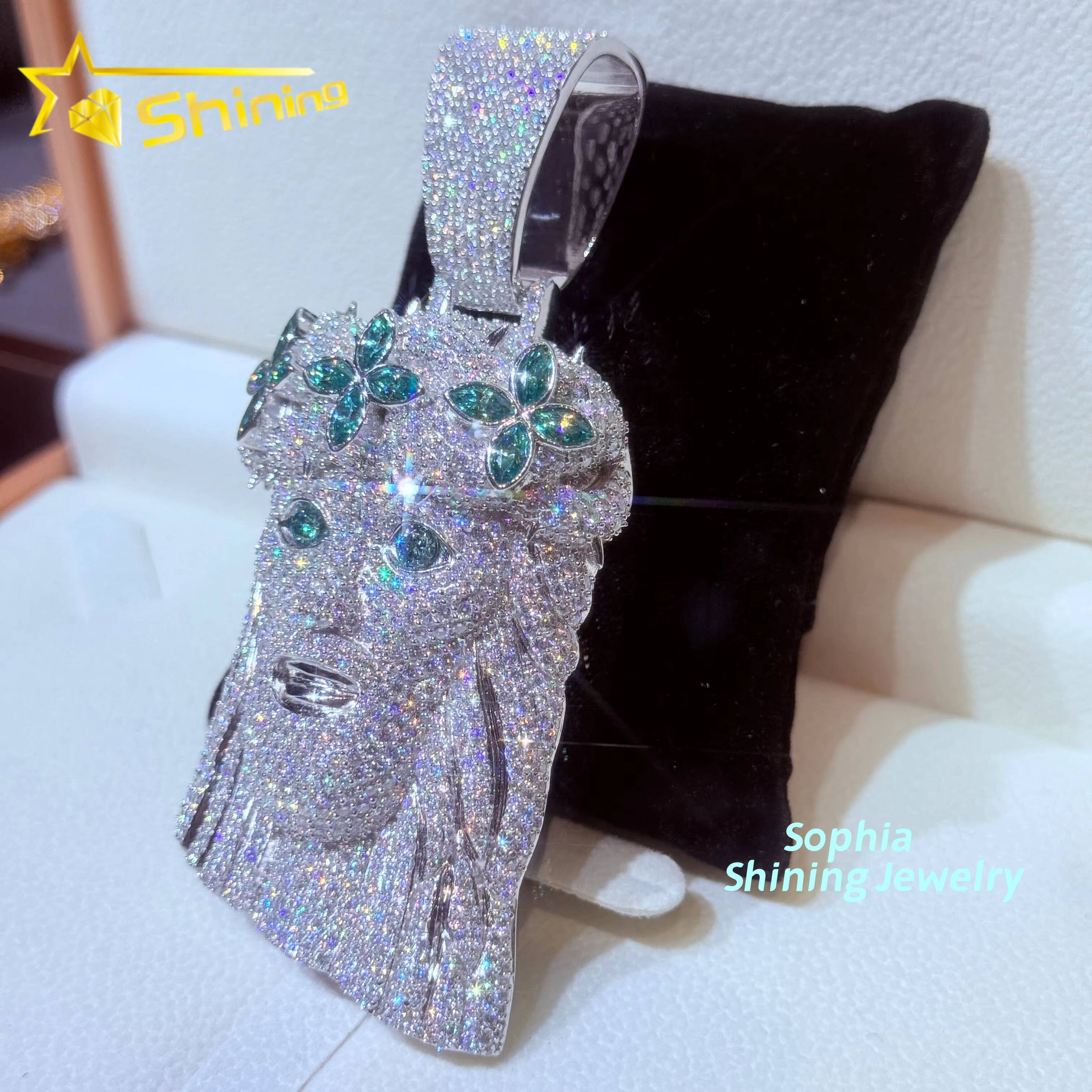 Hot Sale Personalized 3D Design Hip Hop Jewelry Men Iced Out Soild Back Pendant Colored Stone Moissanite Jesus Pendant