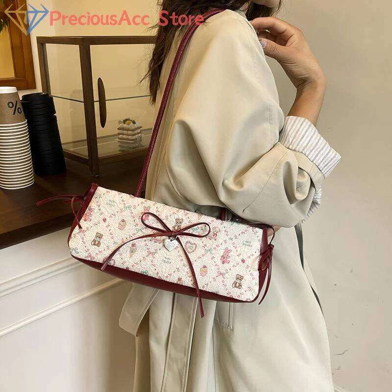 Cartoon Print Shoulder Fashion Sweet Bow Underarm Female Tote Bag Versatile Large Capacity Commuter Handbag Holiday Gift XJ260311