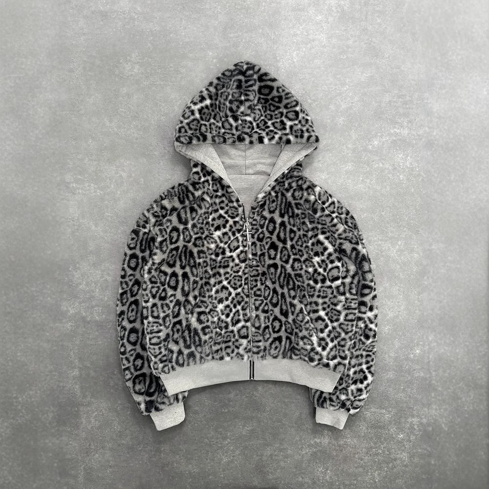 Men's Jackets fall Winter Loose retro leopard-print zipper hoodie both sides wesr Hoodie Collar Unisex High Street Streetwear Y2K