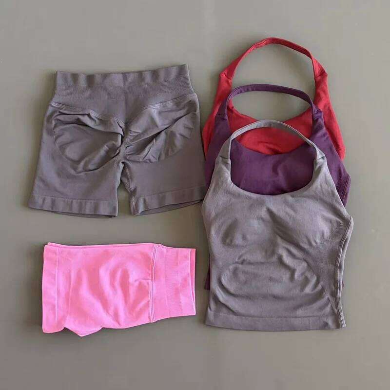 2 Pcs HISTELLO Halter Top Strappy Bra Shorts Set Women Yoga Workout Clothes Seamless Vest Hip-Lifting Sports Leggings Gym Suit 26H0311