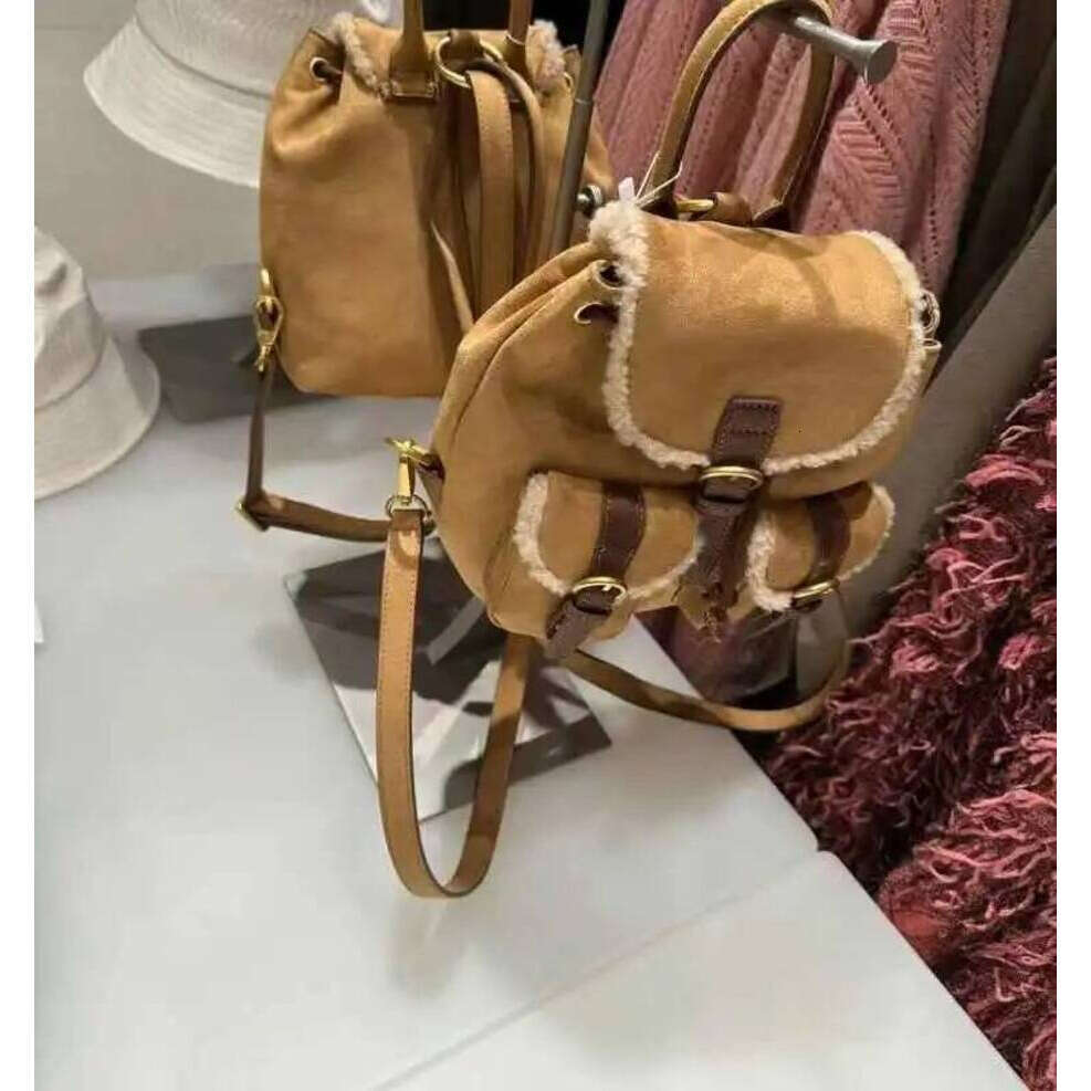 OLOEY Women Retro Imitation Suede Pocket Backpack Versatile Lamb Wool Double And One Shoulder Autumn Winter New Khaki Handheld Bag
