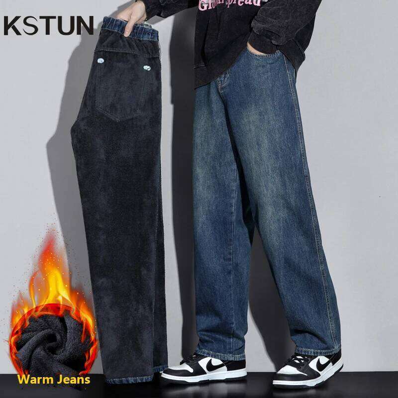 KSTUN 2025 Fleece For Men Wide Leg Jeans Warmer Thicken Men's Baggy Pants Loose Fitness Full Length Trousers Elastic Waist Z260225