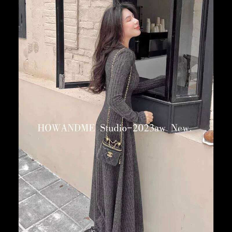 New Autumn Winter French Waist Mid-length Bottoming Skirt Long-sleeved Knitted Dress for Women Z260311