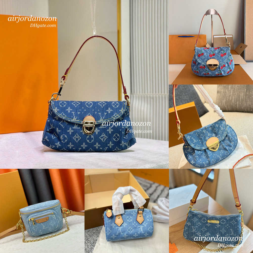 Blue takashi murakami pink jean bag Luxury designer Liv denim nano shoulder bag Hobo Crossbody Bag shopping cluth Drawstring Tote Underarm Handbag Cosmetic Bags AAA