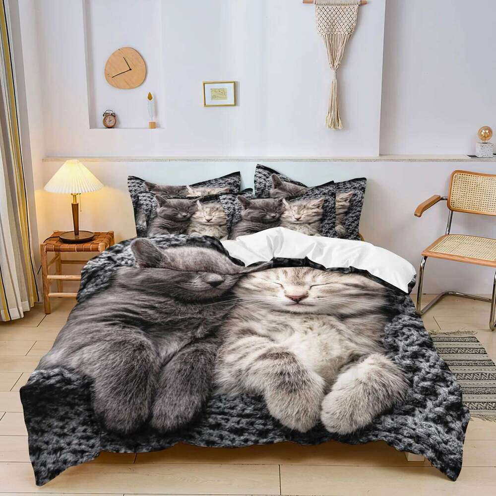 3pcs Romantic Valentine'S Day High-Grade Couple Cat Print Bedding Set, SoftComfortable Bed Duvet Cover H260311