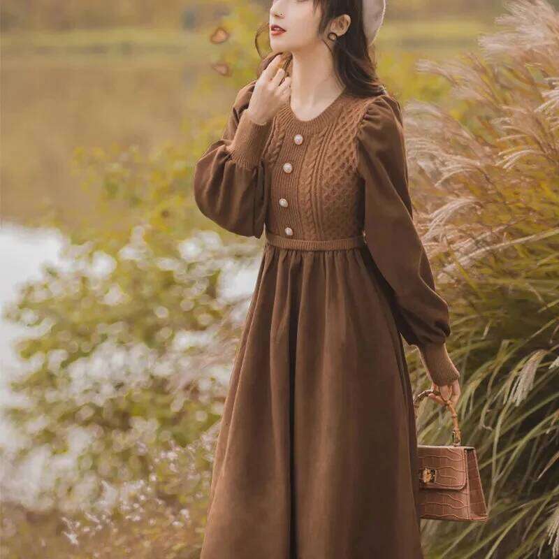 Women NewCasual O-Neck Dresses Autumn Ladies Long Styles Sweater Female Lantern Sleeve Fake Two Pieces Knitted Dress Z260311