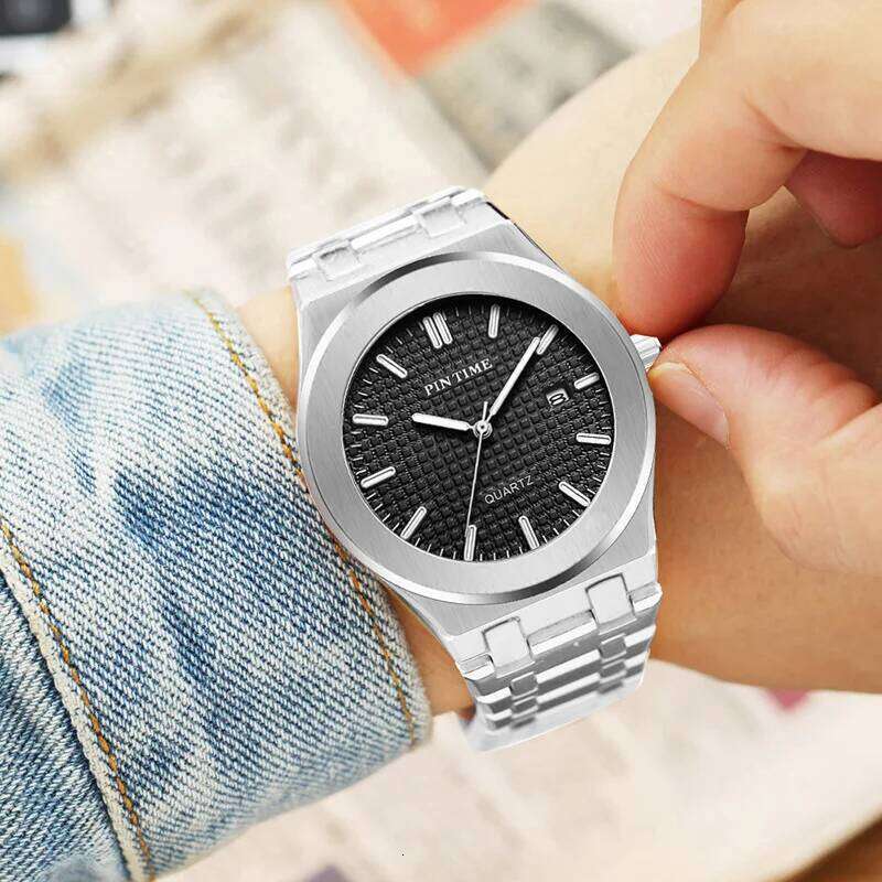 PINTIME Classic Men's Quartz Watch Elegant Simple Design Waterproof Stainless Steel Strap Couple Leisure Business Wristwatch