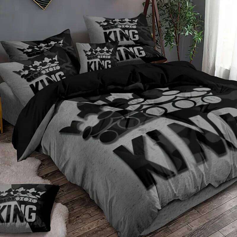 Grey Black King Size Bed Pattern Down Duvet Cover Set, Soft Comfortable Bedroom and Dormitory Decoration Bedding Set H260311