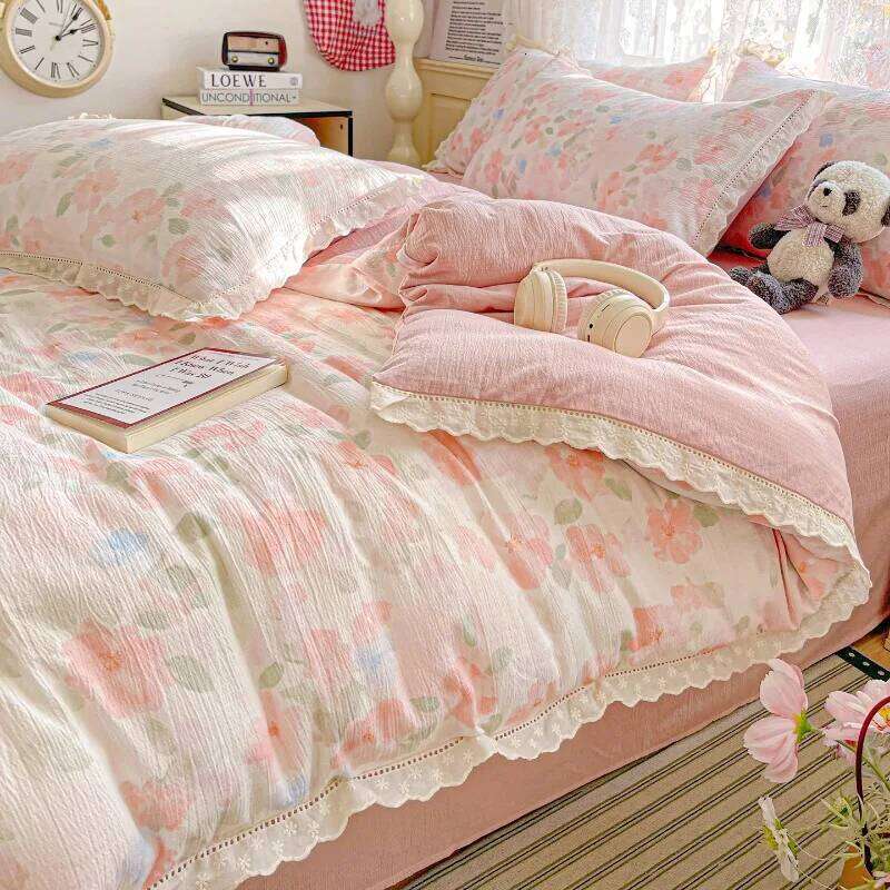 2025 new small fresh printing French lace double four-piece bedding wrinkled yarn student three-piece set H260311