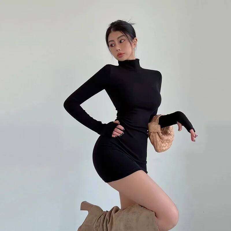 Black Half Turtleneck Mini Women Y2K Long Sleeve Sexy Slim Hip Dress Fall Winter Ladies Streetwear Party Club Vestidos Z260311